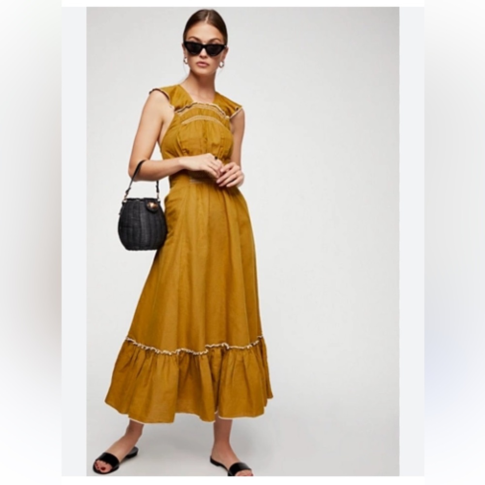 Free People Elegant linen Mustard Dress S - Picture 3 of 10